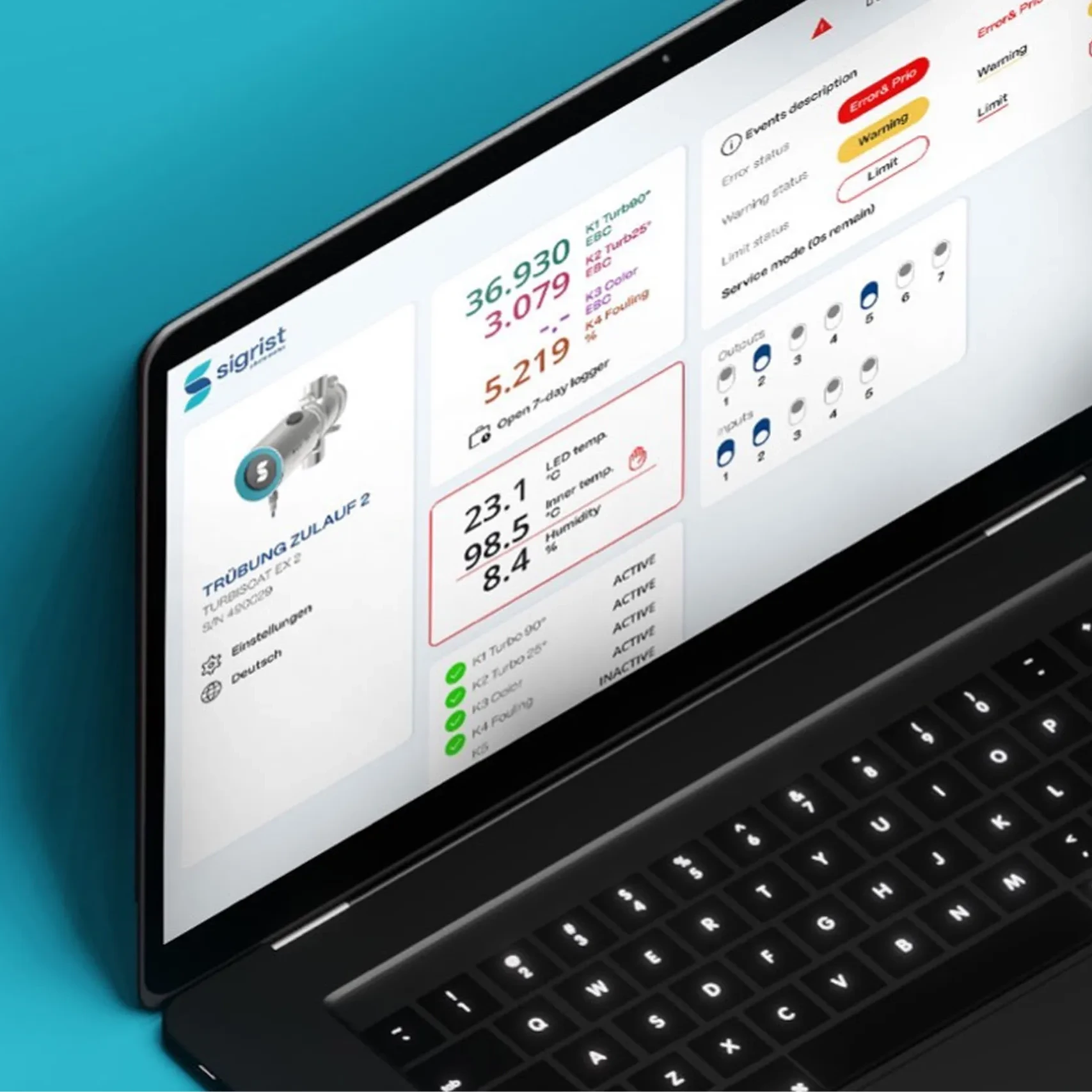 Sigrist Softwareoberfläche auf Laptop mit Anzeige von Prozessdaten und Systemstatus, gestaltet von Vetica.