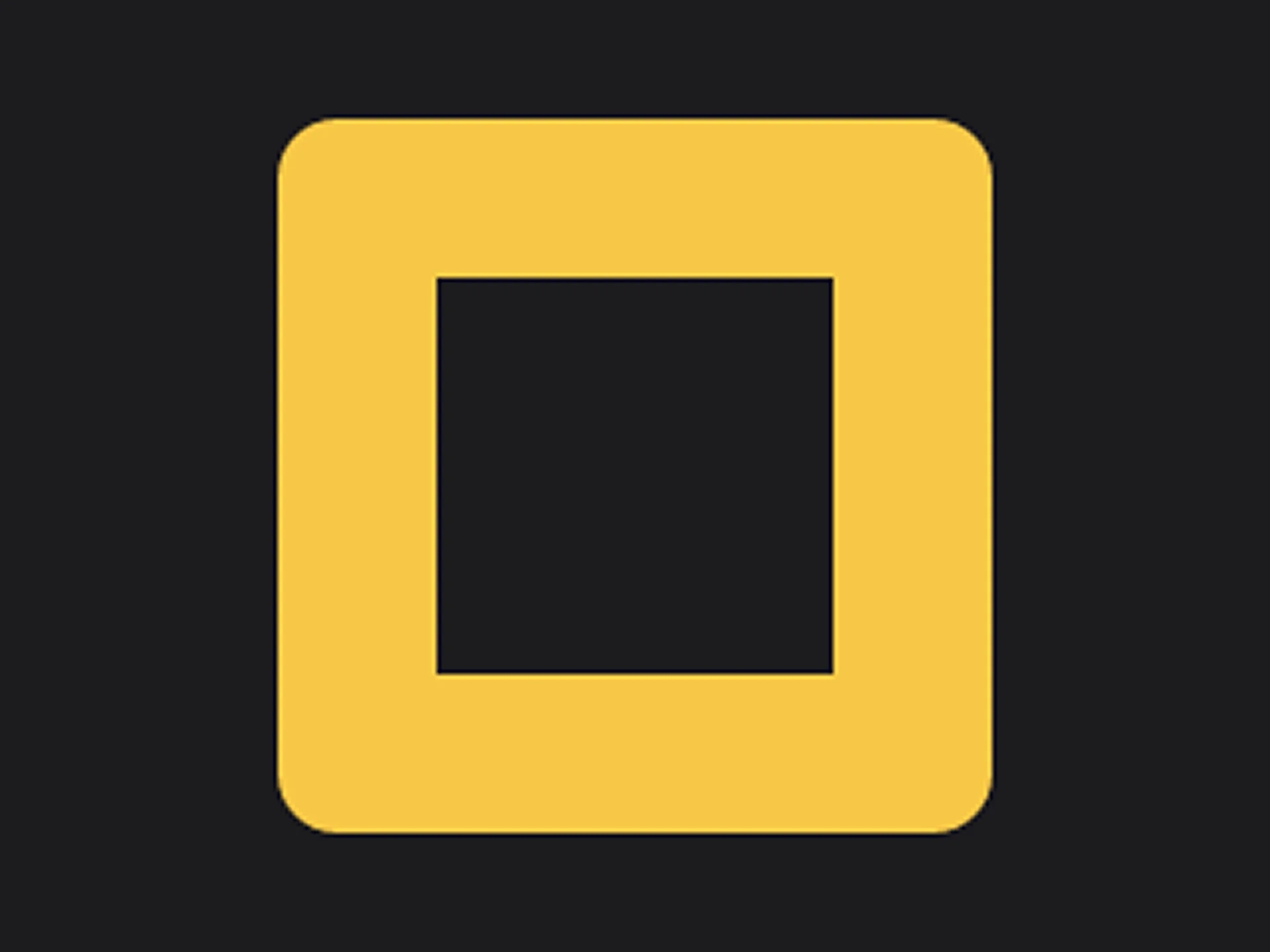 A bold, yellow, rounded frame with a square cut-out against a dark grey background