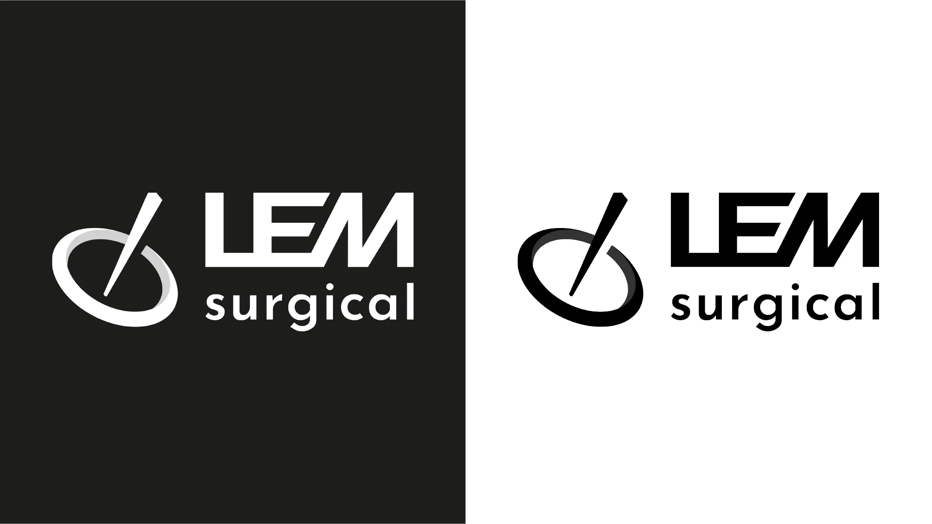 LEM Surgical logo in black and white, featuring a stylised needle and a slanted ring