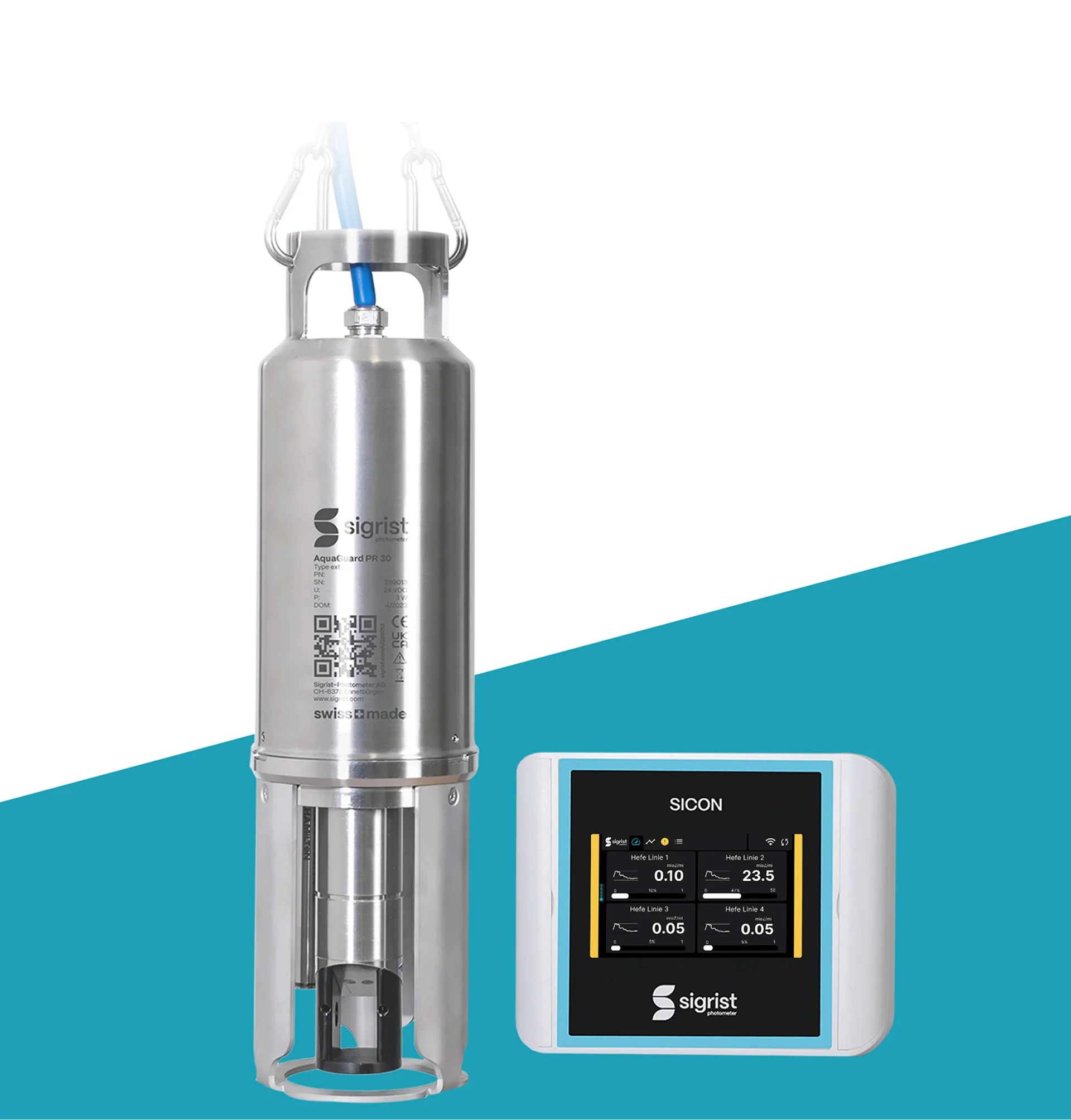 Sigrist AquaGuard PR30 stainless steel sampler with blue hose next to the SICON controller