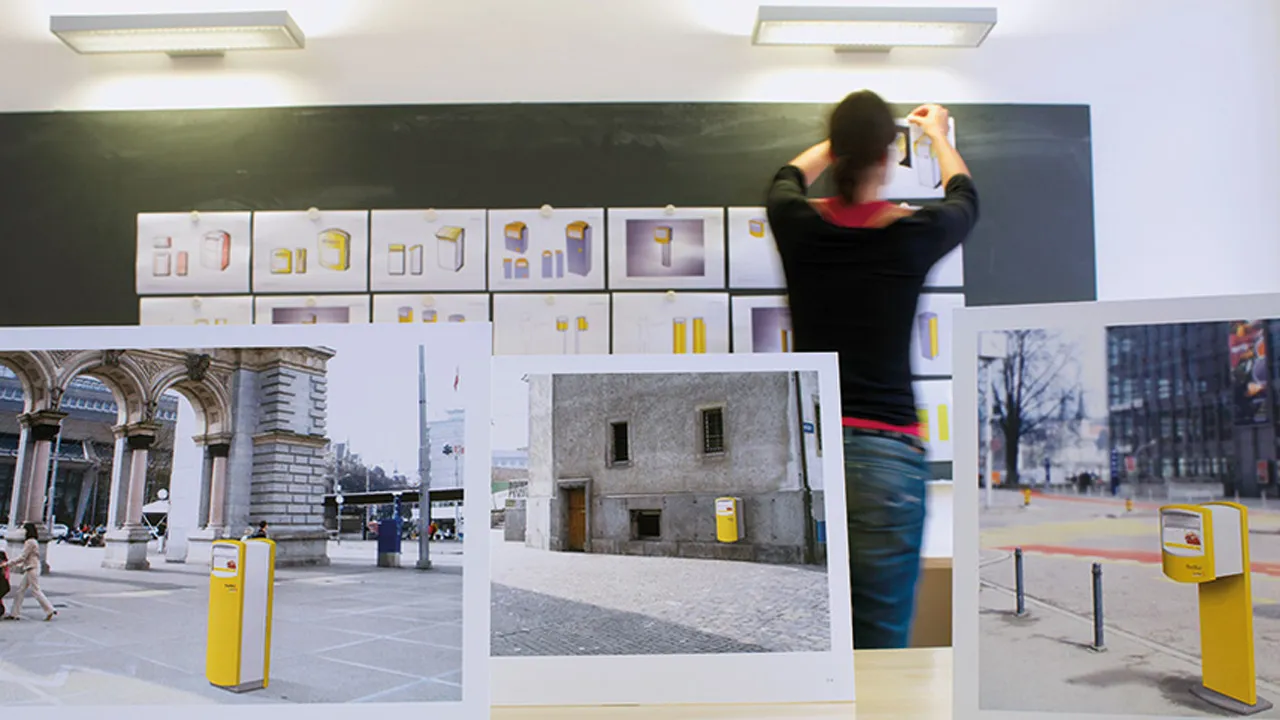 Designer pinning sketches and photographs of yellow Swiss Post mailboxes on a studio wall.