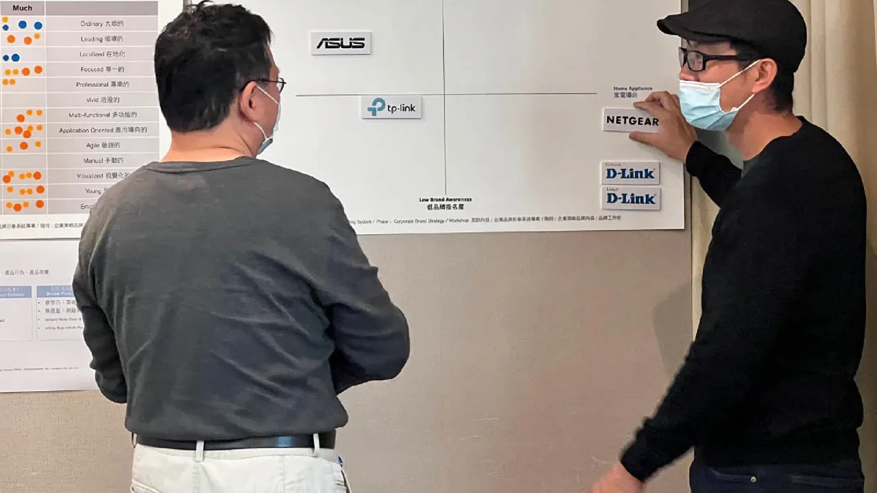 Zwei Männer analysieren das Markenpositionierungs-Board mit D-Link, ASUS, TP-Link und NETGEAR Logos