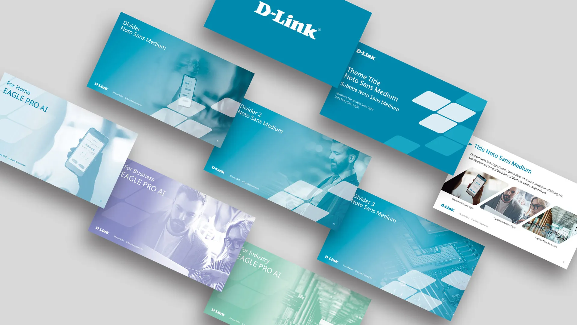 Übersicht verschiedener PowerPoint-Folien im neuen D-Link Corporate Design in isometrischer Ansicht