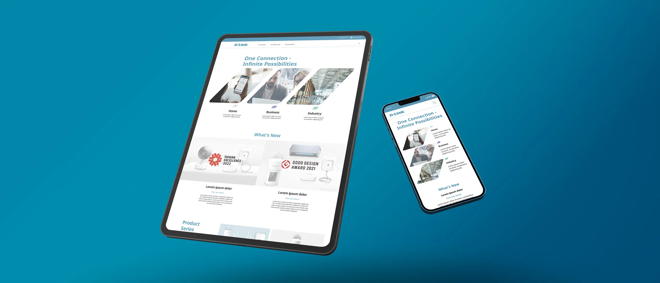 D-Link Website-Layout dargestellt auf einem Tablet und einem Smartphone vor blauem Hintergrund