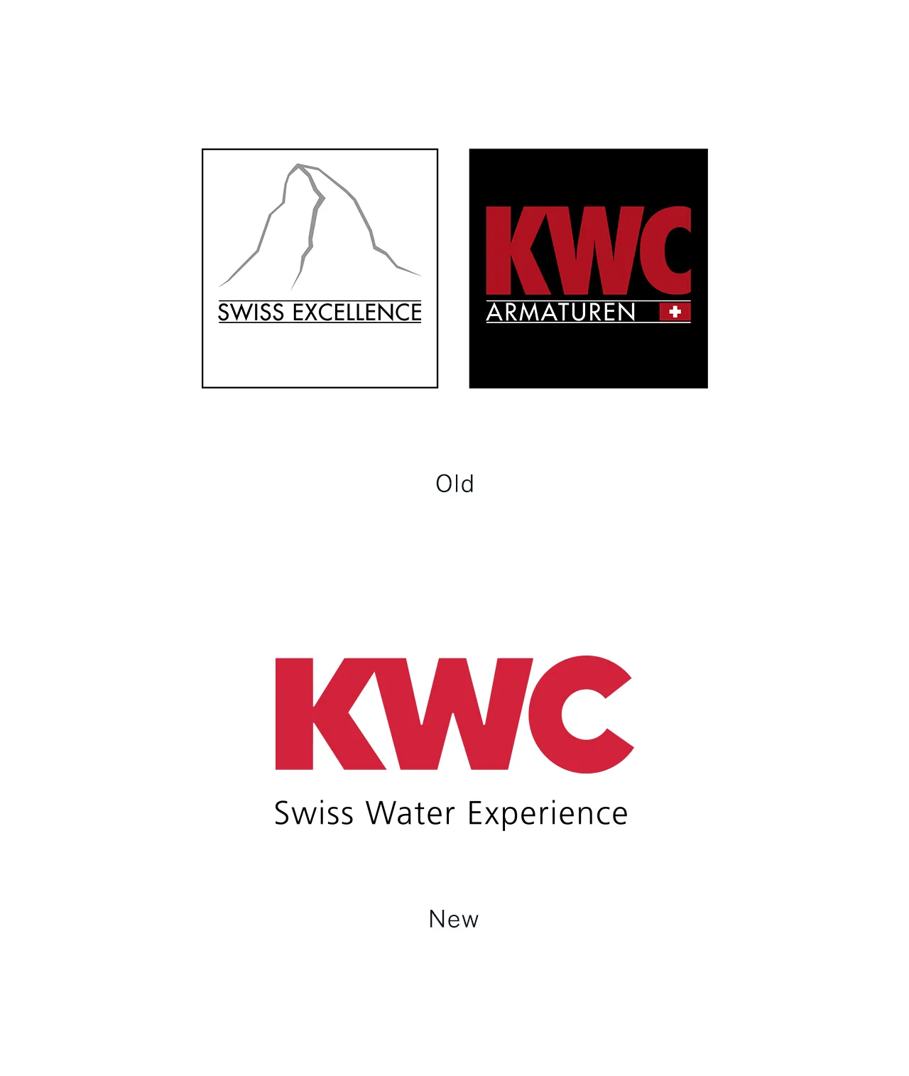 Comparison graphic showing legacy KWC logos and the new modernized red logo with Swiss Water Experience tagline