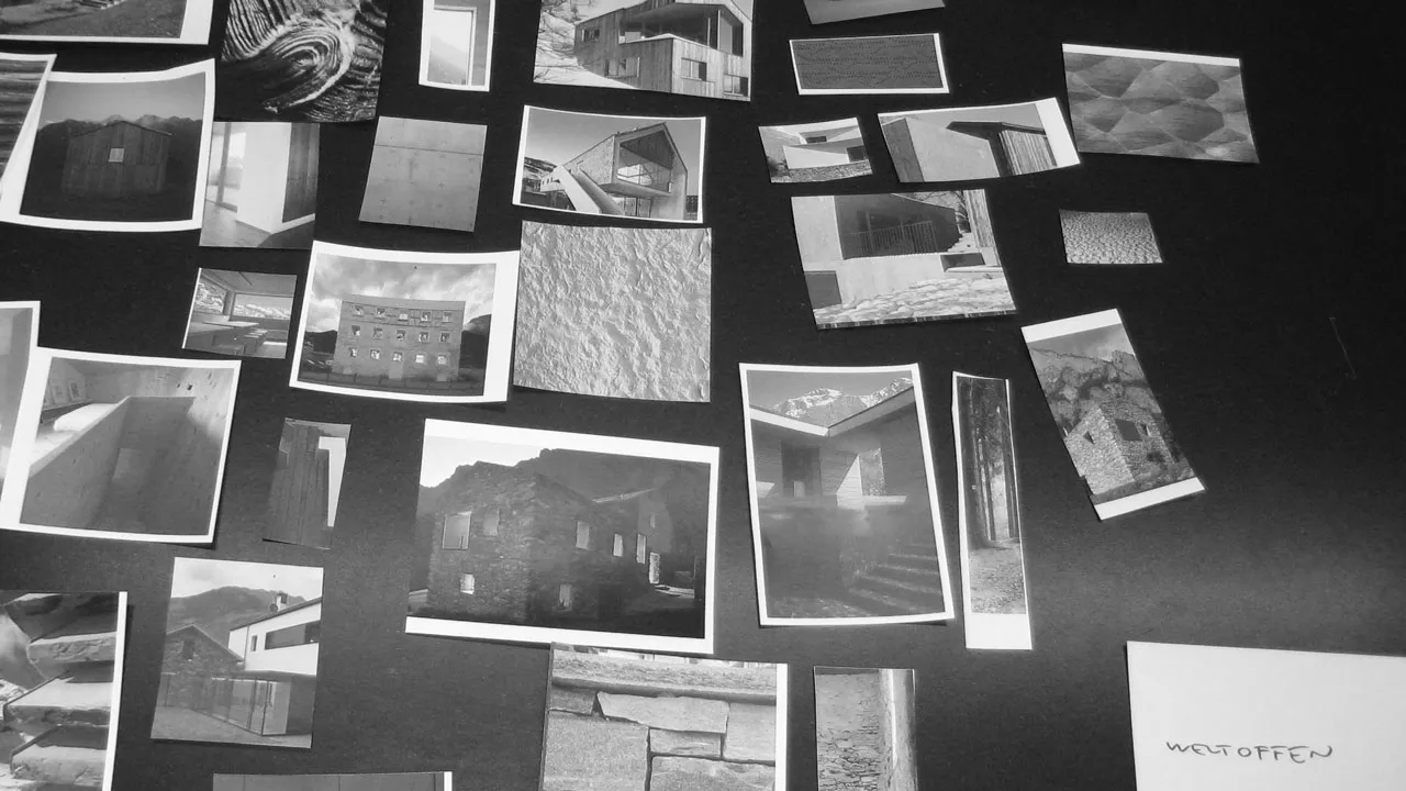 Grid collage of black-and-white photos depicting Swiss mountains, stone textures, and wooden architecture<br srcset=