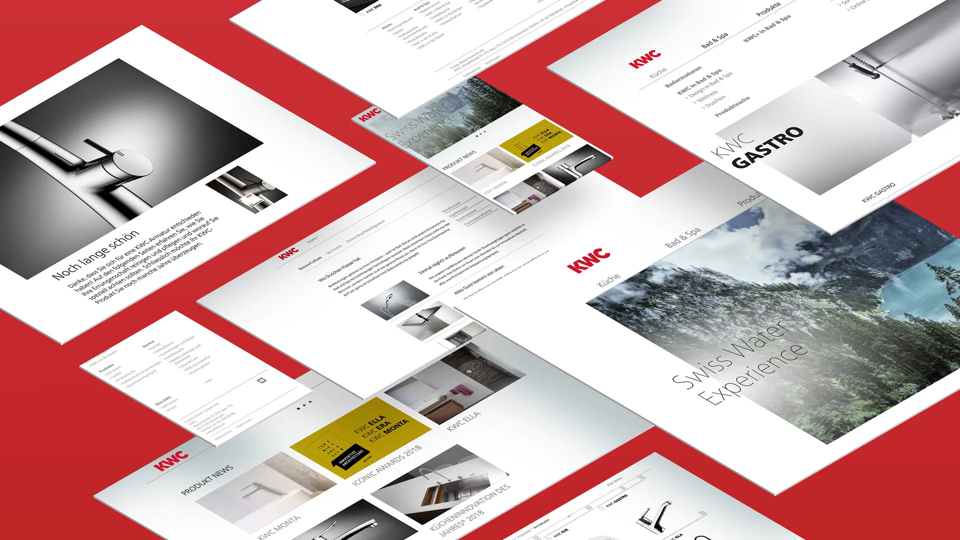 Isometric layout of various KWC website UI screens on desktop and mobile over a red background