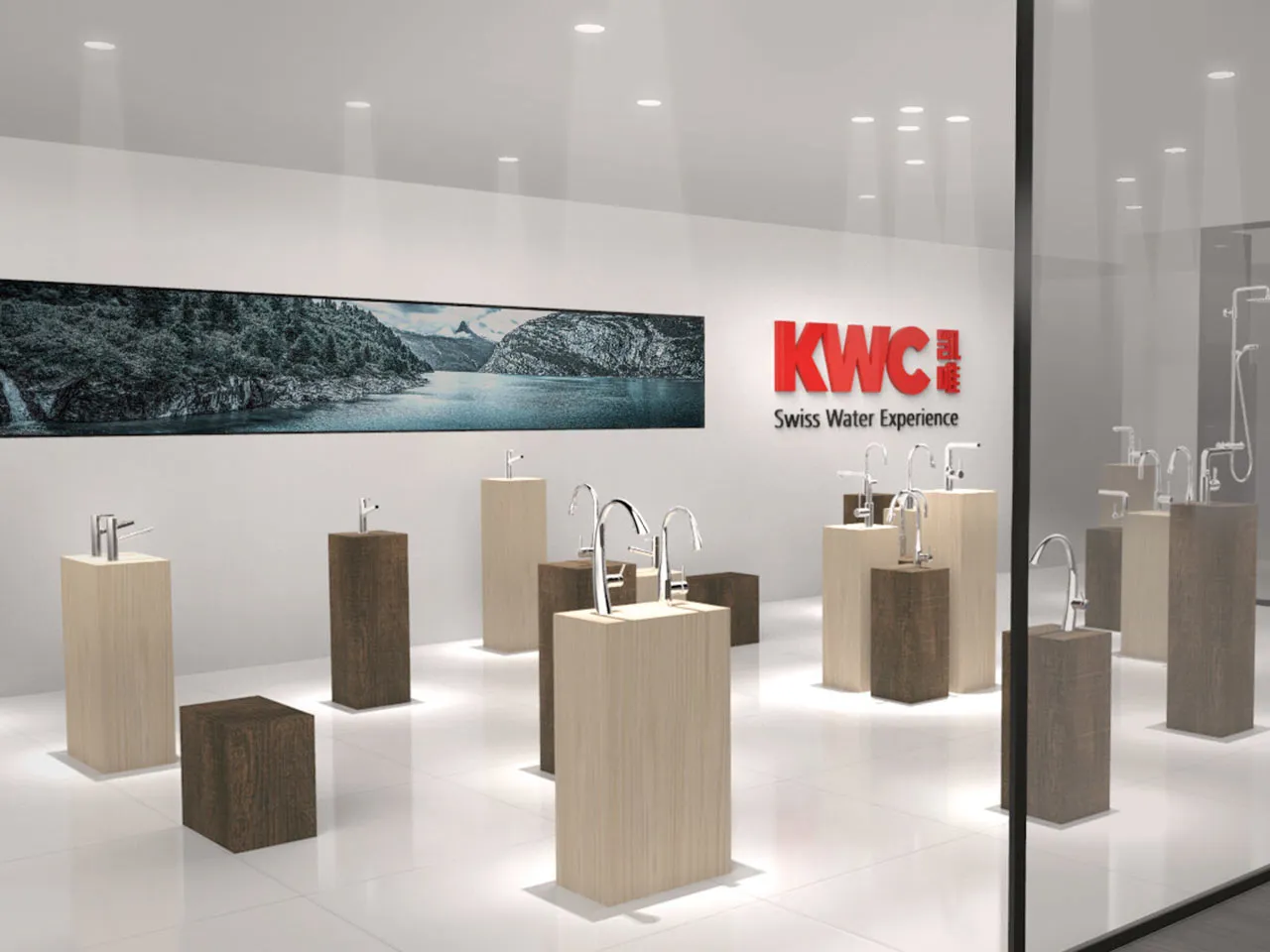 Modern KWC showroom featuring wooden plinths displaying faucets and illuminated wall logo