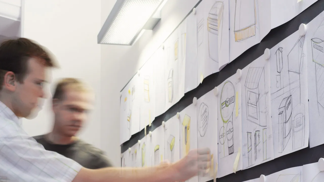 Two designers are looking at hand-drawn product sketches on a noticeboard