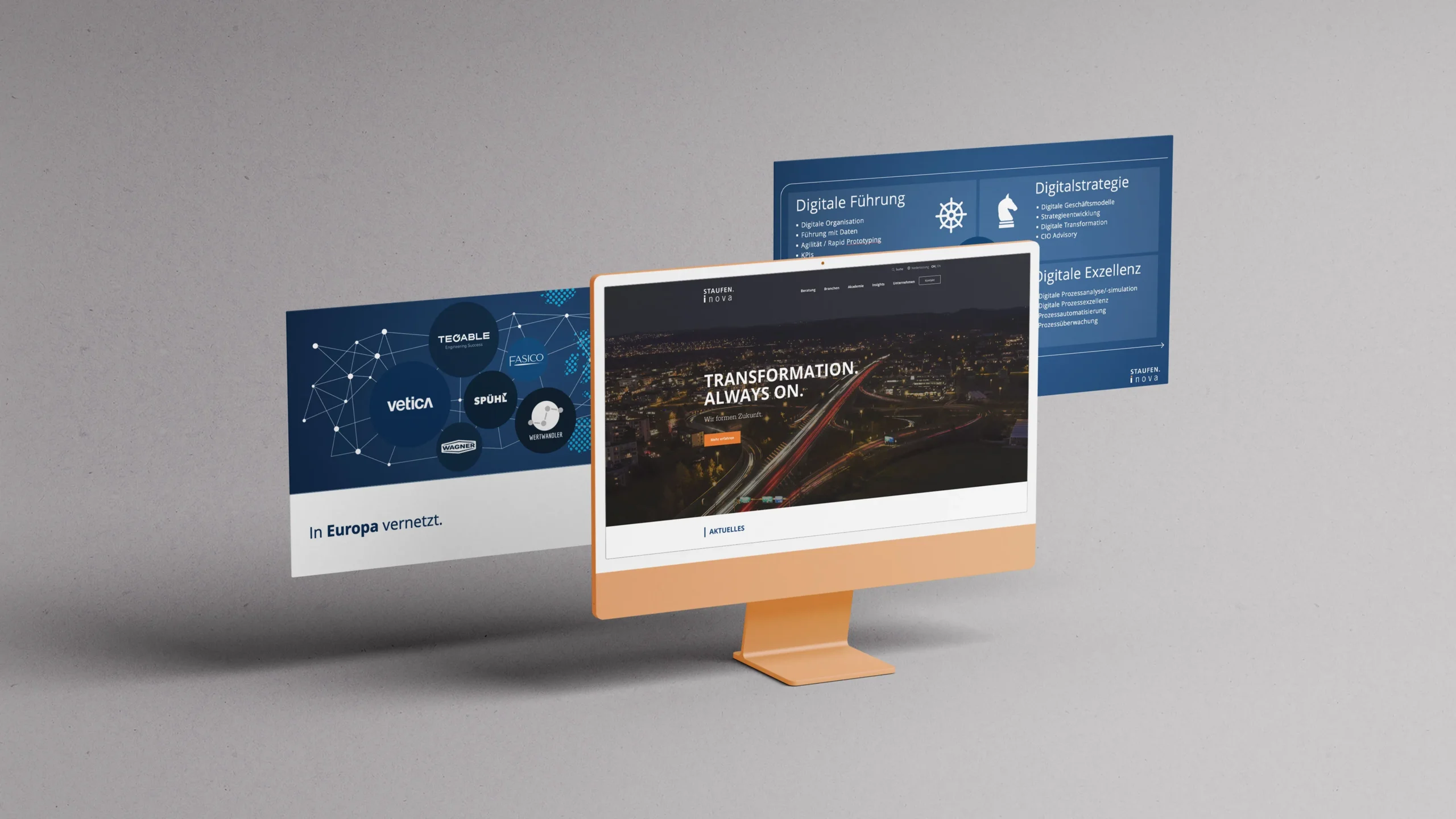 Desktop monitor displaying the Staufen.Inova website homepage