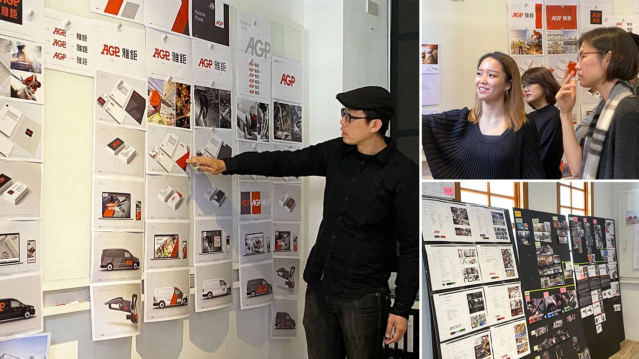 Collage aus drei Fotos: Ein Designer zeigt auf eine Wand mit Print-Mockups, zwei Frauen im Gespraech, und ein Blick auf die Moodboards mit Werkzeug- und Katalogentwuerfen.