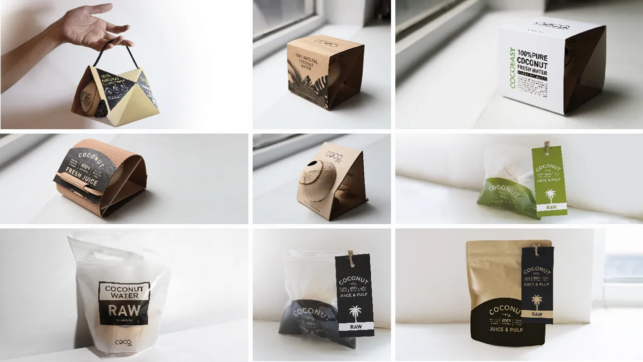 Collage of 9 images showing different packaging prototypes for coconuts made of kraft paper, cardboard, and plastic featuring Coco Easy branding.