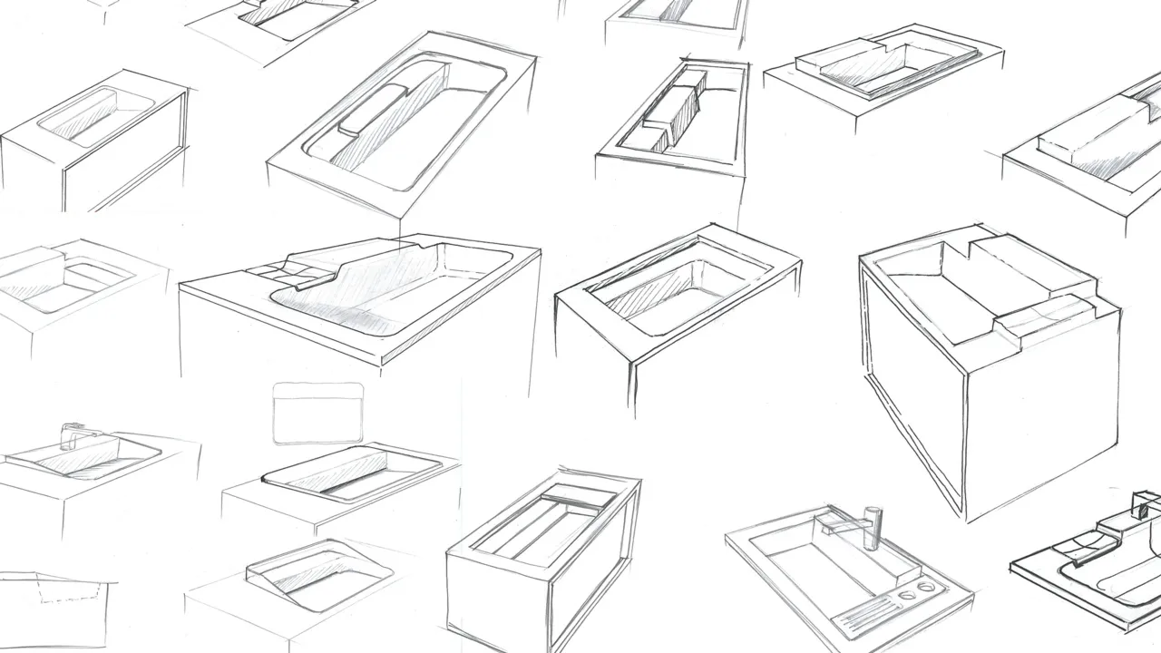 A collection of numerous pencil sketches on white paper, showing different geometric shapes of sinks and vanity units.