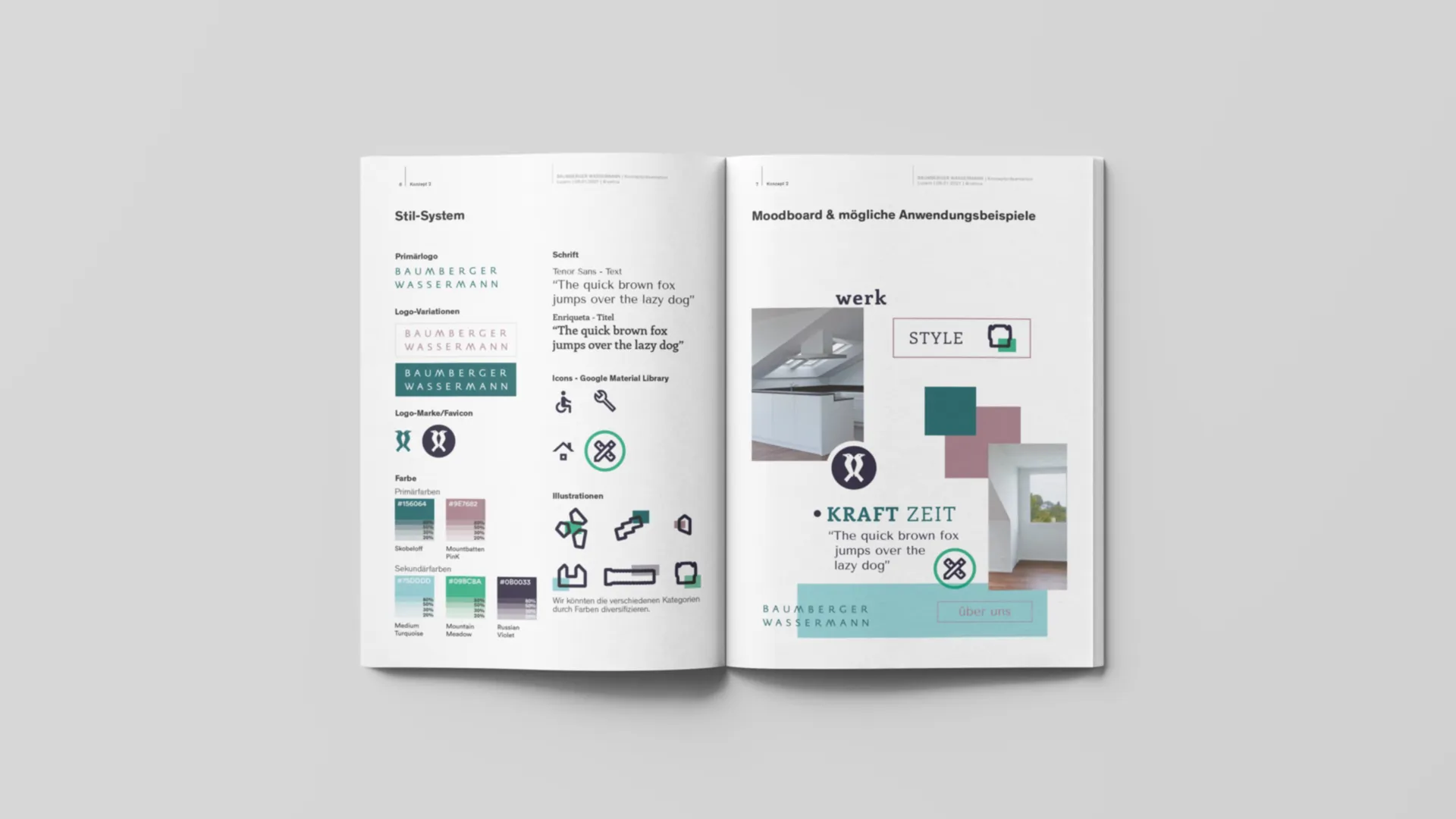 Aufgeschlagenes Heft mit einer zweiten Design-Route, die alternative Schriften, kraeftigere Farben und geometrische Formelemente praesentiert.