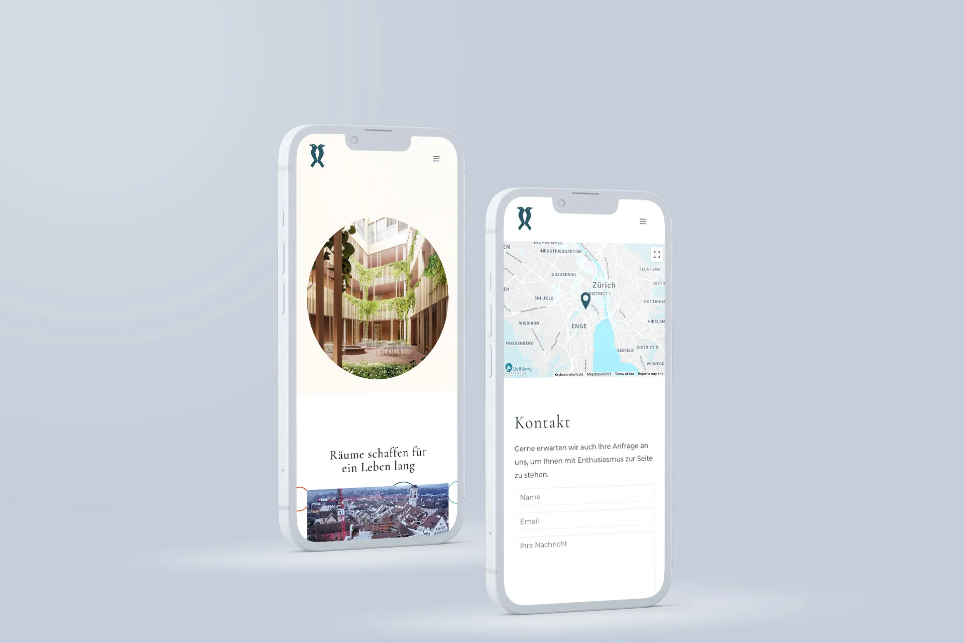 Zwei Smartphones zeigen die mobile Version der Wassermann Architekten Website mit einem Projektbild, dem Slogan und einem interaktiven Kontaktformular mit Karte von Zuerich.